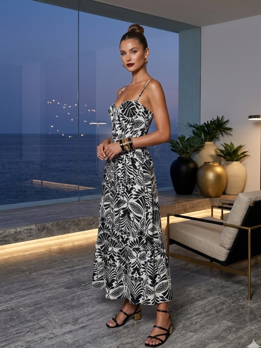 TCEC Noir Elegance Midi Dress Black White Leaf Print Bustier Tropical Resort L